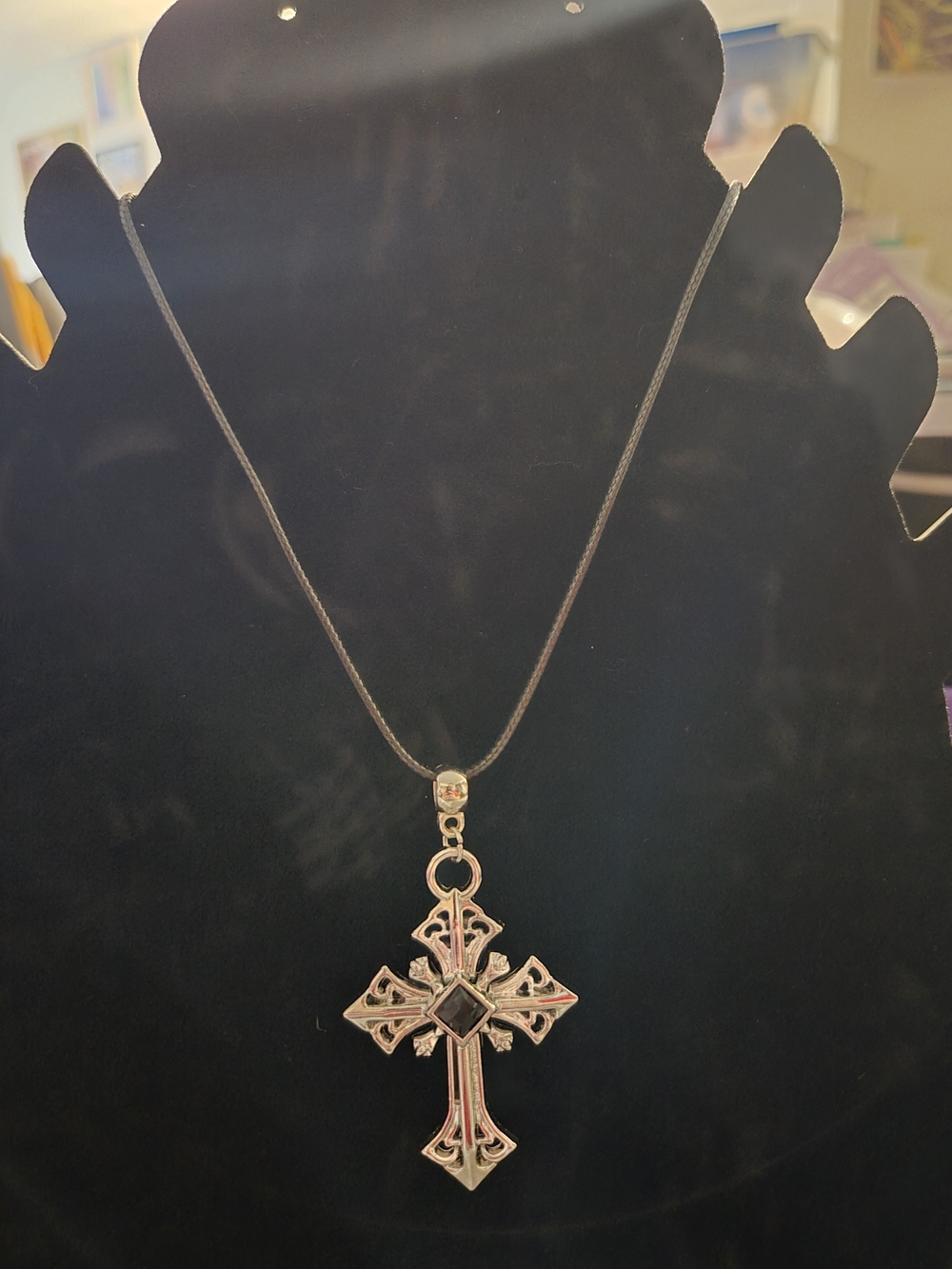 Ornate Silver Cross Pendant Necklace with Black Accent - Women Jewelry